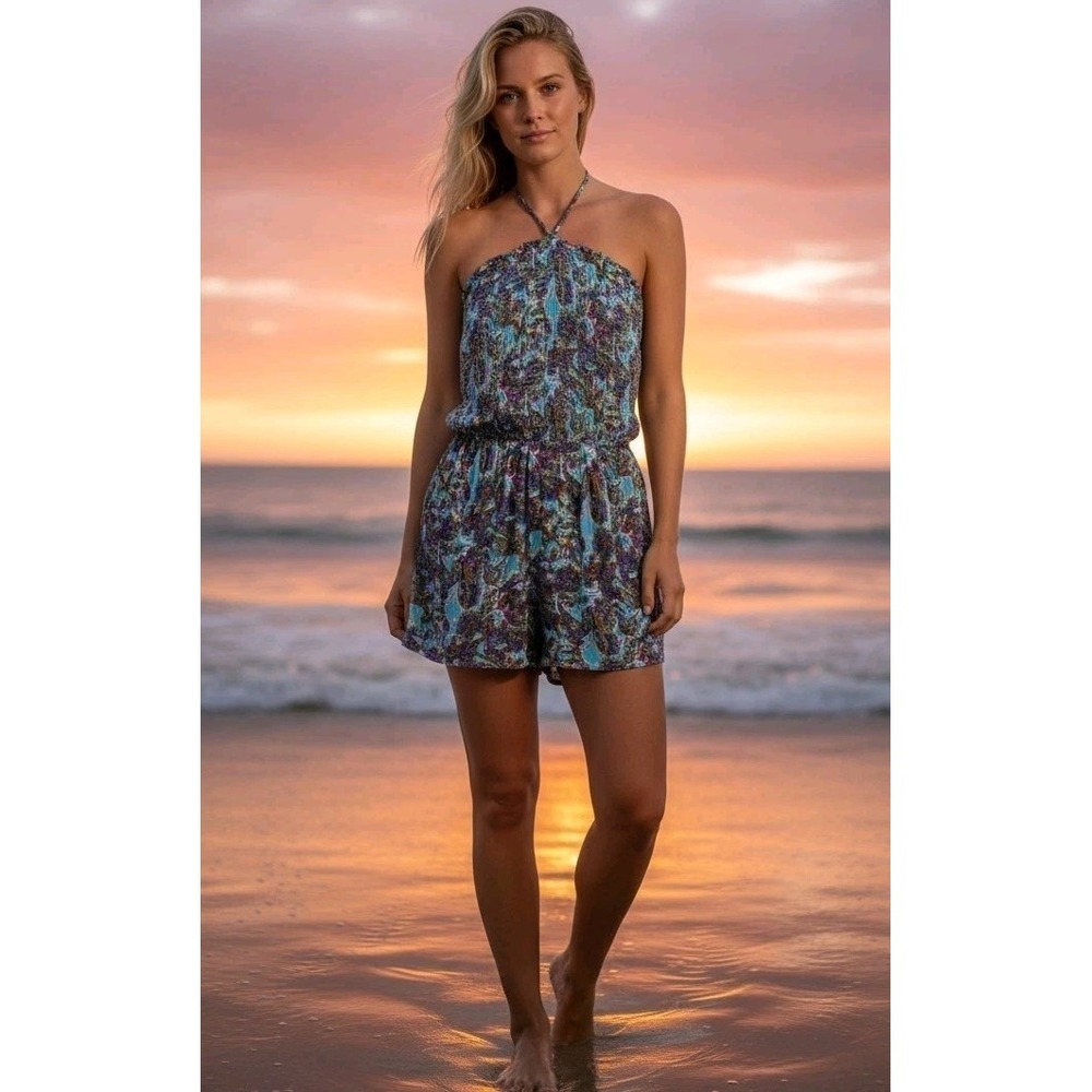 Fable Smocked Halter Romper Size XL Vivid Paisley Boho Hippie Summer Pockets